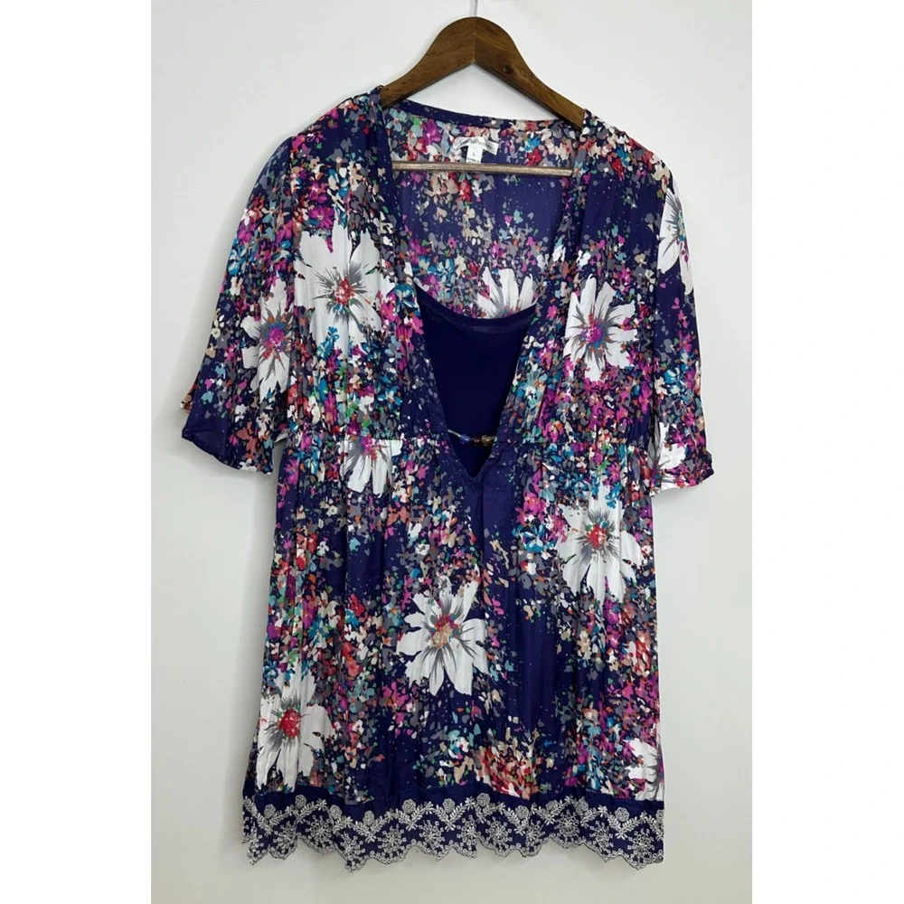 John Paul Richard 2 Pc Floral Lace Trim Tunic Top & Cami Mini Dress Purple Large - Picture 2 of 11